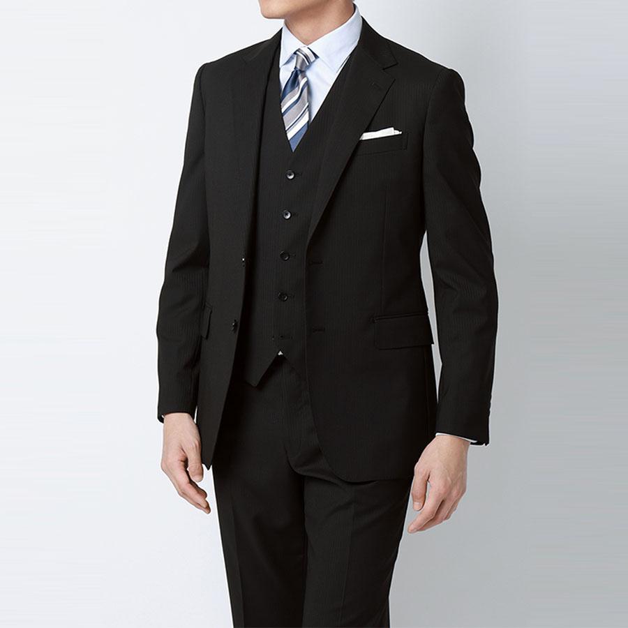 【洋服の青山】スリーピース ベ スト付き スーツ メンズ スリム 春夏 ブラック 黒 ストライプ 大きいサイズ 2ボタン 背抜き ノ ータック ストレッチ ビジネスの画像