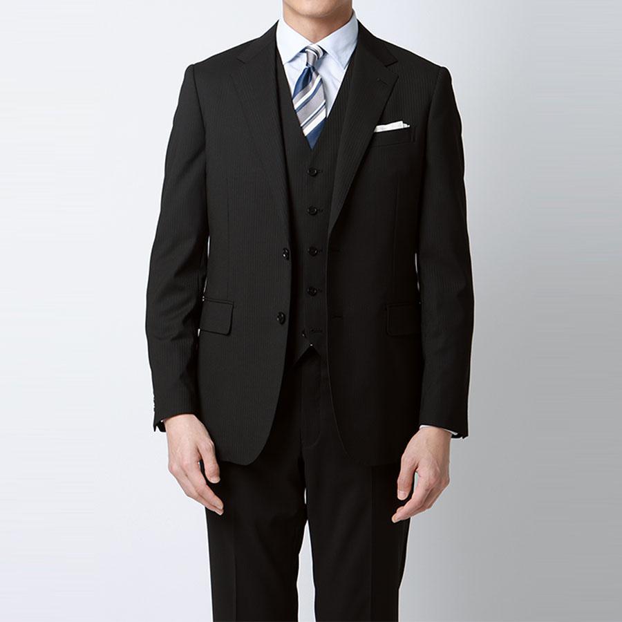 【洋服の青山】スリーピース ベ スト付き スーツ メンズ スリム 春夏 ブラック 黒 ストライプ 大きいサイズ 2ボタン 背抜き ノ ータック ストレッチ ビジネスの画像
