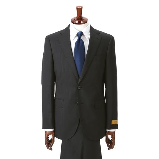 【洋服の青山】プレミアム ウール100% Super100's ツーパンツ スーツ メンズ スリム 秋冬 ブラック 黒 ストライプ シングル 2ボタン パンツ2本 ノータックの画像