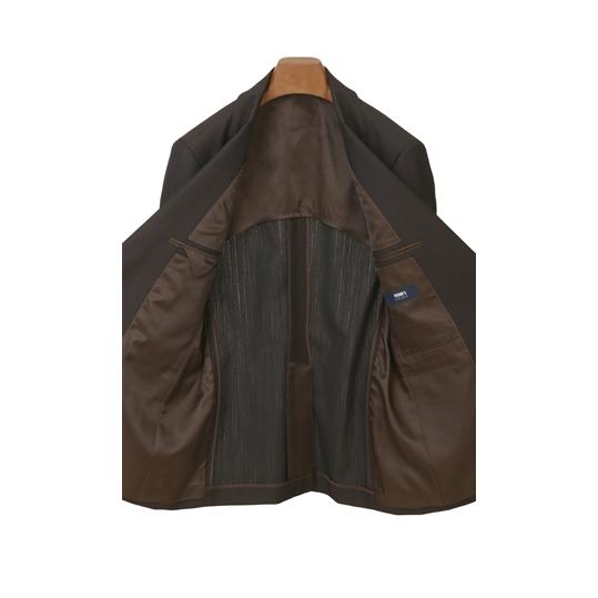【洋服の青山】スリーピース ベスト付き スーツ メンズ スリム オールシーズン ブラウン 茶 ストライプ ストレッチ 背抜き ノータック エコ素材 ビジネスの画像