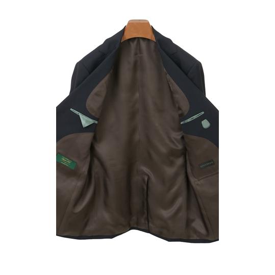 【洋服の青山】プレミアム ウール100% スーツ メンズ スリム 秋冬用 ネイビー系 織柄 2ボタン 総裏 センターベント ノータック 軽い 軽量 伸縮性 静電気抑制の画像