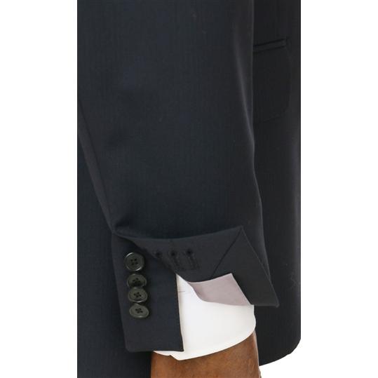 【洋服の青山】プレミアム ウール100% スーツ メンズ スリム 秋冬用 ネイビー系 織柄 2ボタン 総裏 センターベント ノータック 軽い 軽量 伸縮性 静電気抑制の画像