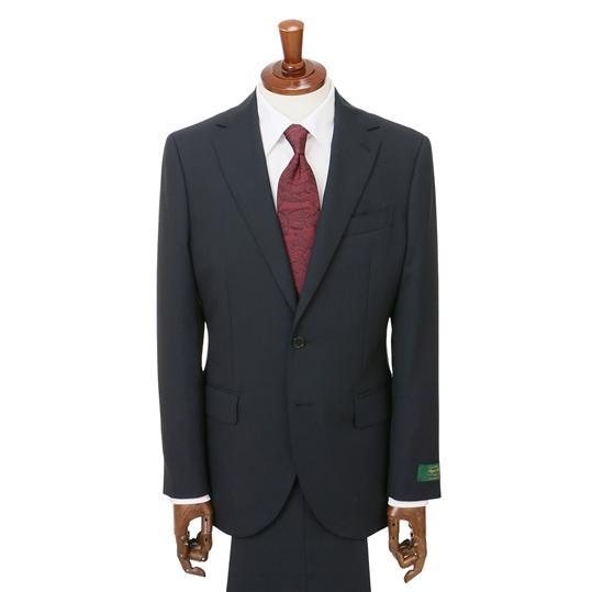【洋服の青山】プレミアム ウール100% スーツ メンズ スリム 秋冬用 ネイビー系 織柄 2ボタン 総裏 センターベント ノータック 軽い 軽量 伸縮性 静電気抑制の画像