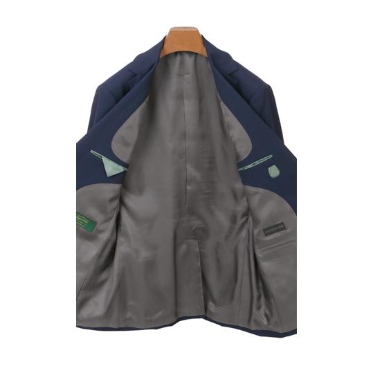 【洋服の青山】プレミアム ウール100% スーツ メンズ スリム 秋冬用 ブルー系 織柄 2ボタン 総裏 センターベント ノータック 軽い 軽量 伸縮性 静電気抑制の画像