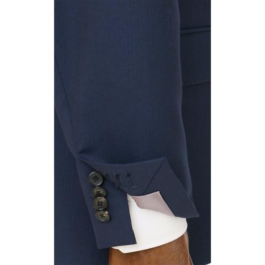 【洋服の青山】プレミアム ウール100% スーツ メンズ スリム 秋冬用 ブルー系 織柄 2ボタン 総裏 センターベント ノータック 軽い 軽量 伸縮性 静電気抑制の画像