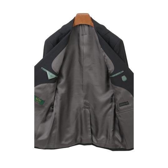 【洋服の青山】プレミアム ウール100% スーツ メンズ スリム 秋冬用 グレー系 織柄 2ボタン 総裏 センターベント ノータック 軽い 軽量 伸縮性 静電気抑制の画像