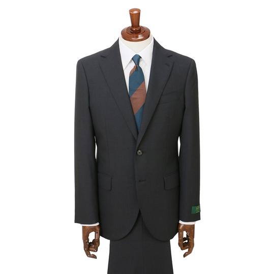【洋服の青山】プレミアム ウール100% スーツ メンズ スリム 秋冬用 グレー系 織柄 2ボタン 総裏 センターベント ノータック 軽い 軽量 伸縮性 静電気抑制の画像