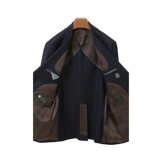 【洋服の青山】ウール100％ スーツ メンズ スリム 春夏 秋冬 オールシーズン ネイビー 紺 ストライプ プレミアム 2ボタン 背抜き 本切羽 重ねボタン ノータックの画像