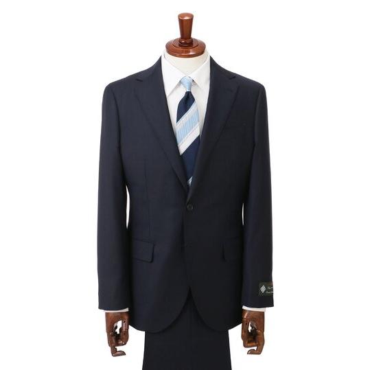 【洋服の青山】ウール100％ スーツ メンズ スリム 春夏 秋冬 オールシーズン ネイビー 紺 ストライプ プレミアム 2ボタン 背抜き 本切羽 重ねボタン ノータックの画像