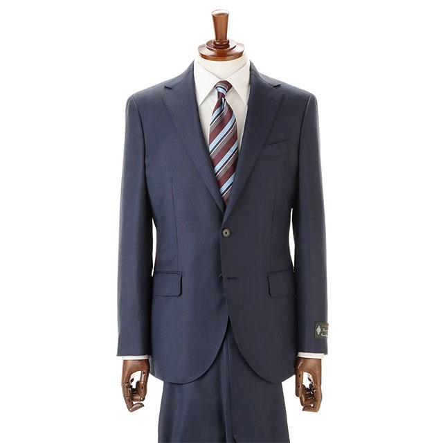 【洋服の青山】ウール100% スーツ メンズ スリム 春夏秋冬 ネイビー 紺 チェック プレミアム 2ボタン 背抜き 軽い 軽量 動きやすい 上品 高級感 ビジネス 仕事の画像