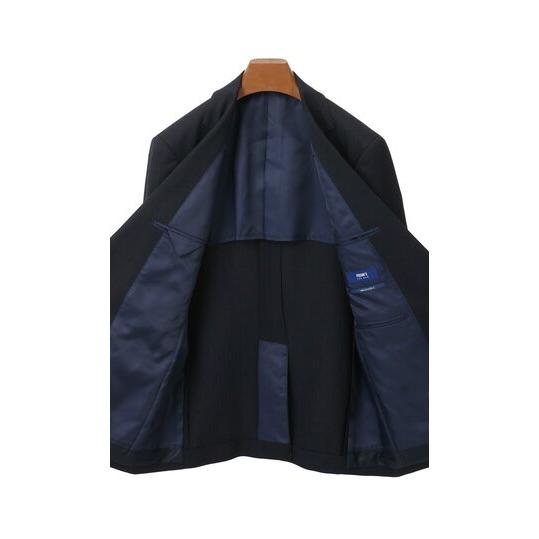 【洋服の青山】ツーパンツ 肩くるしくないスーツ メンズ スリム 春夏用 ネイビー 紺 ストライプ 2ボタン 背抜き センターベント 洗える 大きいサイズの画像