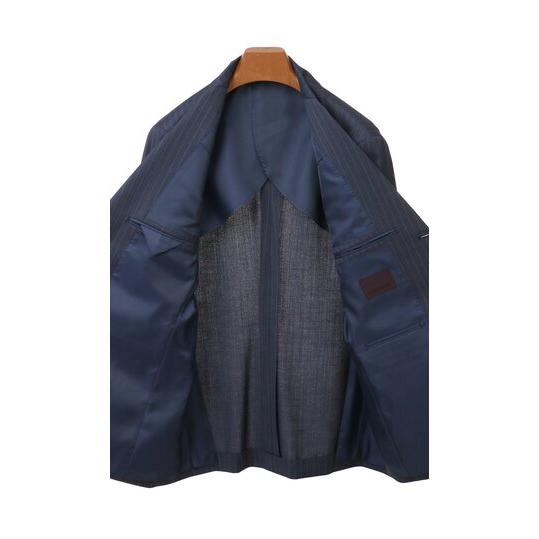 【洋服の青山】スリーピース スーツ メンズ スリム 秋冬 ブルー ストライプ 3つボタン段返り ベスト付き サイドベンツ ワンタック ストレッチ ビジネス 背抜きの画像