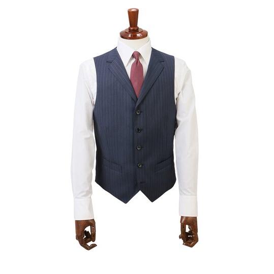 【洋服の青山】スリーピース スーツ メンズ スリム 秋冬 ブルー ストライプ 3つボタン段返り ベスト付き サイドベンツ ワンタック ストレッチ ビジネス 背抜きの画像