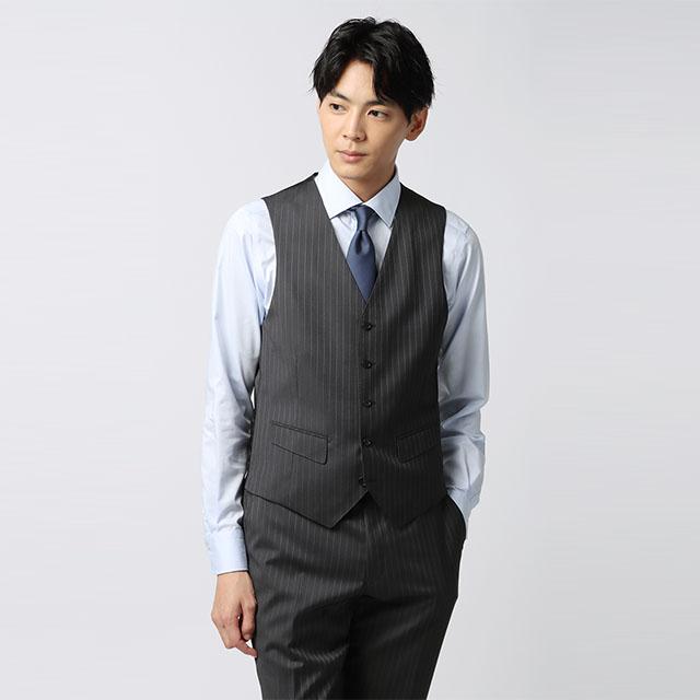 美品 ダークグレー 3ピース ストライプ ベスト襟付き L ビジネス 縦縞 ストライプ スリーピース スーツ メンズスーツ ビジネススーツ