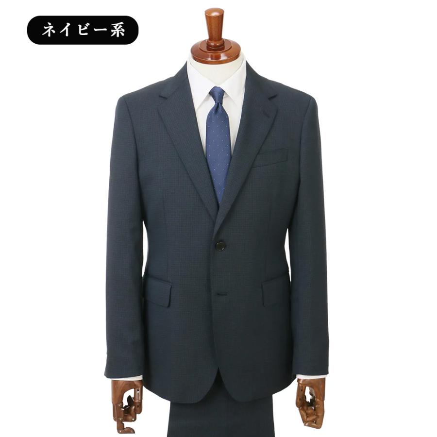 【洋服の青山】洗える スーツ メンズ スリム 秋冬 ネイビー 紺色 チェック ウール50% 2ボタン 総裏 センターベント ノータックウォッシャブル ストレッチの画像
