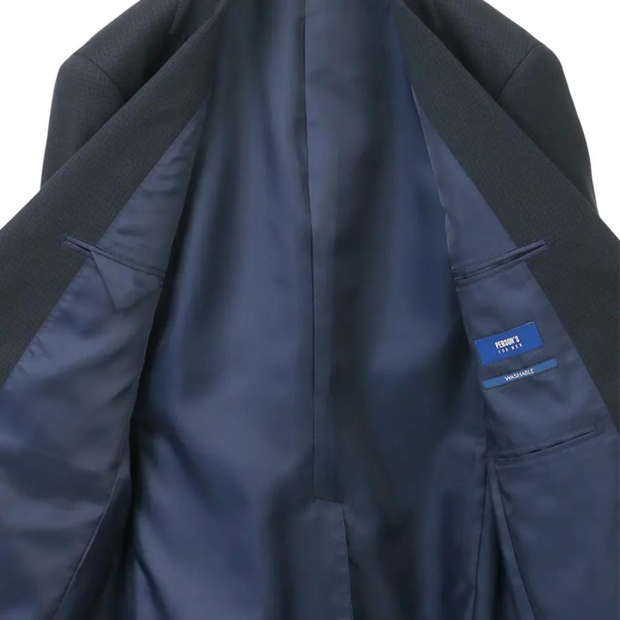 【洋服の青山】洗える スーツ メンズ スリム 秋冬 ネイビー 紺色 チェック ウール50% 2ボタン 総裏 センターベント ノータックウォッシャブル ストレッチの画像