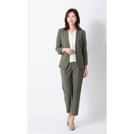 2点セット　未使用　PLST ノーカラージャケット テーパードパンツ　カーキ AOYAMA 【洋服の青山】裾上げ済み 超ストレッチスーツ 単品 テーパード