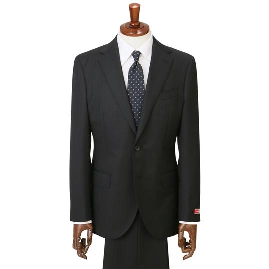 【洋服の青山】秋冬用 ブラック系 プレミアムスタイリッシュスーツ【御幸毛織】【MADE IN JAPAN】ストライプ 2ボタン 総裏 切り台場 脇当て 本切羽 重ねボタンの画像