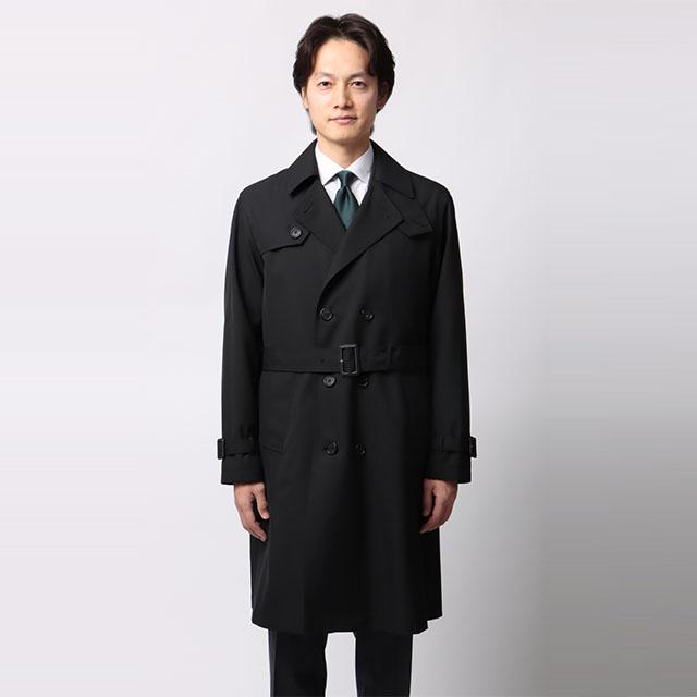 【洋服の青山】ライナー付き ダブルトレンチコート メンズ 秋冬 ブラック 黒 大きいサイズ Aライン 経年変化 スタンドカラー 撥水 汚れにくい 暖かい あったかの画像