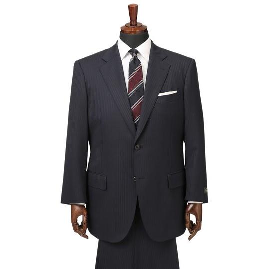 【洋服の青山】メンズ スーツ 春夏秋冬 ネイビー プレミアム ゆったり キング&トール 紳士服 ビジネス アジャスター 大きいサイズ スリム ストライプの画像