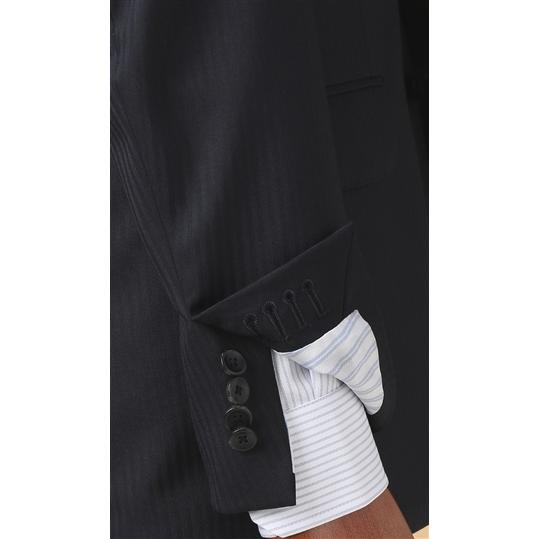 【洋服の青山】ツーパンツ プレミアム スーツ メンズ 秋冬 ネイビー 紺 ストライプ ウール100％ ストレッチ スタイリッシュ 2ボタン 背抜き ビジネス HILTONの画像
