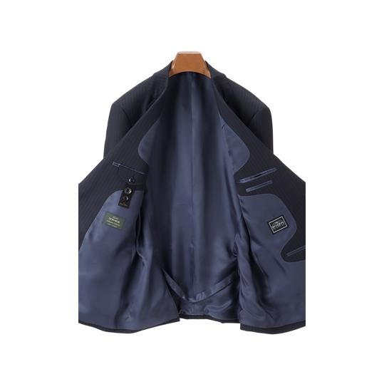 【洋服の青山】秋冬 ネイビー系 プレミアムスタンダードスーツ【DORMEUIL】 Savile Row メンズ ビジネス ストレッチ 長袖 標準体 ワンタック ストライプの画像