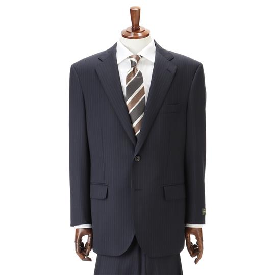 【洋服の青山】秋冬 ネイビー系 プレミアムスタンダードスーツ【DORMEUIL】 Savile Row メンズ ビジネス ストレッチ 長袖 標準体 ワンタック ストライプの画像