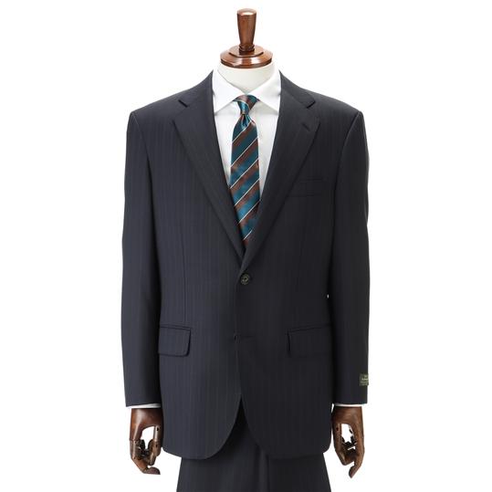 【洋服の青山】秋冬 ネイビー系 プレミアムスタンダードスーツ【DORMEUIL】 Savile Row メンズ ビジネス ストレッチ 長袖 標準体 ワンタック ストライプの画像