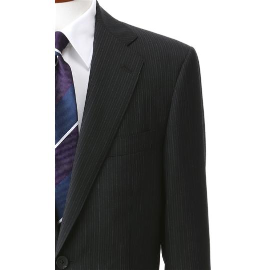 【洋服の青山】秋冬 ブラック系 プレミアムスタンダードスーツ【AQUA WOOL】 Savile Row メンズ ビジネス 長袖 標準体 ワンタック ストライプ 2ボタンの画像