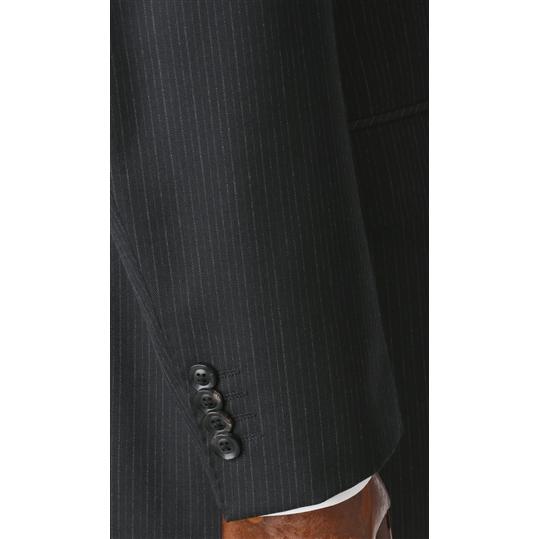 【洋服の青山】秋冬 ブラック系 プレミアムスタンダードスーツ【AQUA WOOL】 Savile Row メンズ ビジネス 長袖 標準体 ワンタック ストライプ 2ボタンの画像