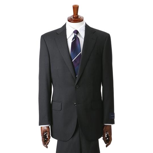 【洋服の青山】秋冬 ブラック系 プレミアムスタンダードスーツ【AQUA WOOL】 Savile Row メンズ ビジネス 長袖 標準体 ワンタック ストライプ 2ボタンの画像