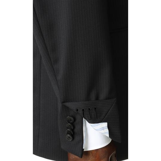 【洋服の青山】ツーパンツ プレミアム ウール100％ スーツ メンズ スリム 秋冬用 ブラック 黒 ストライプ ストレッチ メンズスーツ ビジネススーツ HILTONの画像
