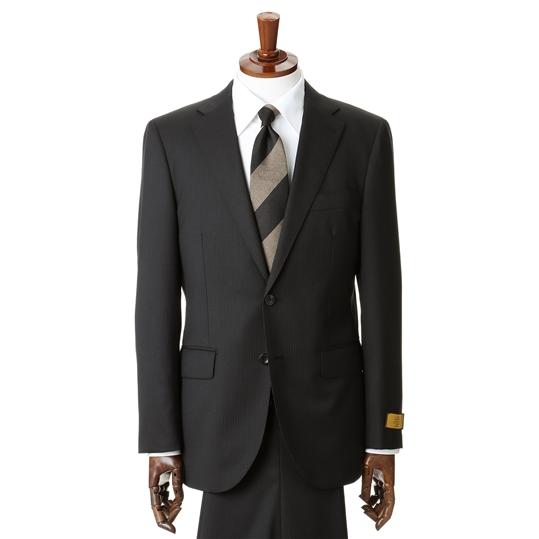 【洋服の青山】ツーパンツ プレミアム ウール100％ スーツ メンズ スリム 秋冬用 ブラック 黒 ストライプ ストレッチ メンズスーツ ビジネススーツ HILTONの画像