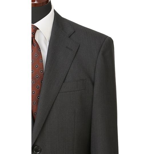 【洋服の青山】大きいサイズ ツーパンツ スーツ メンズ ゆったり 秋冬用 グレー ストライプ シングル 2ボタン サイドベンツ 総裏 ツータック アジャスターの画像