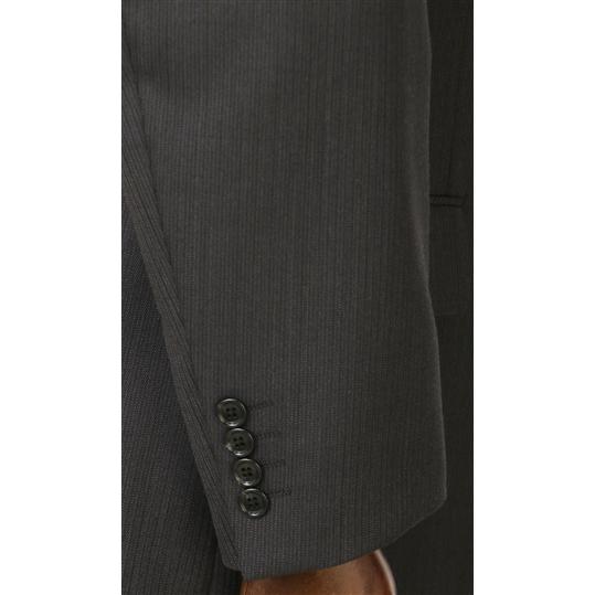 【洋服の青山】大きいサイズ ツーパンツ スーツ メンズ ゆったり 秋冬用 グレー ストライプ シングル 2ボタン サイドベンツ 総裏 ツータック アジャスターの画像