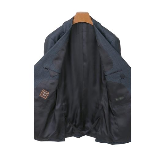 【洋服の青山】プレミアム スーツ メンズ スリム 秋冬用 ネイビー 紺 織柄 シングル 2ボタン サイドベンツ 総裏 ノータック 耐久性 軽い 軽量 ビジネス オフィスの画像