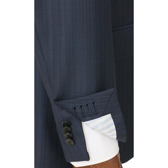 【洋服の青山】プレミアム ウール100％ スーツ メンズ スリム 秋冬用 ネイビー 紺 ストライプ柄 2ボタン サイドベンツ 総裏 ノータック 仕事 ビジネス オフィスの画像