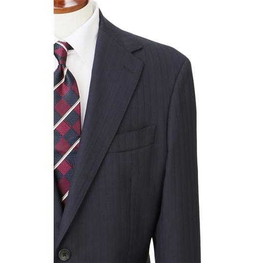 【洋服の青山】プレミアム スーツ メンズ スリム 秋冬用 ネイビー 紺 ストライプ シングル 2ボタン サイドベンツ 総裏 ノータック ウール カシミヤ 軽い 軽量の画像