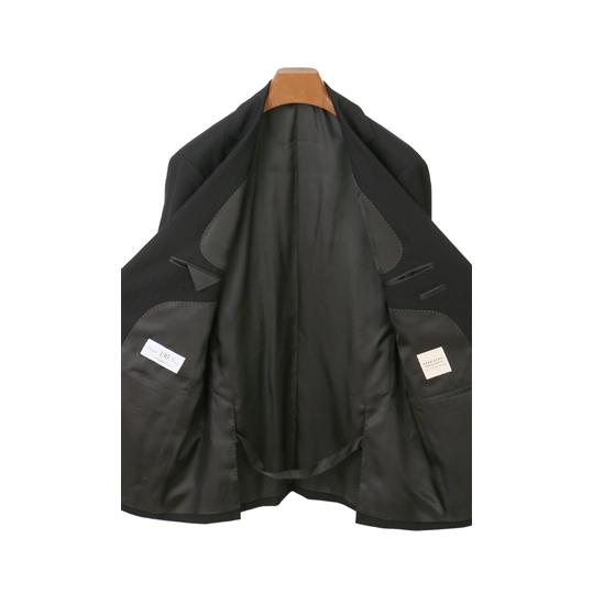 【洋服の青山】プレミアム スーツ メンズ スリム 秋冬 ブラック 黒 ストライプ シングル 2ボタン サイドベンツ 総裏 ノータック ウール カシミヤ 軽い ビジネスの画像