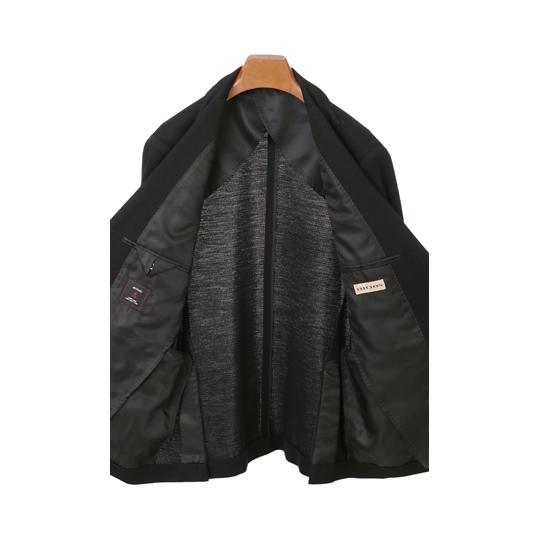 【洋服の青山】プレミアム スーツ メンズ スリム 秋冬用 ブラック 黒 織柄 シングル 2ボタン サイドベンツ 背抜き ワンタック 御幸毛織 動きやすい ストレッチの画像