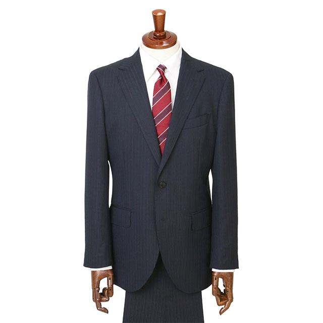 【洋服の青山】プレミアム ウール100% ツーパンツ スーツ メンズ スリム 秋冬用 ネイビー系 紺 ストライプ柄 2パンツ 2ボタン 総裏 センターべント ノータックの画像