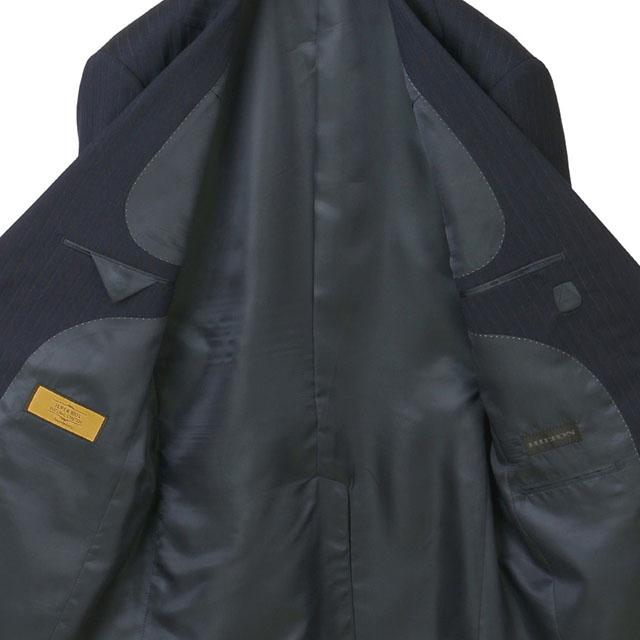 【洋服の青山】プレミアム ウール100% ツーパンツ スーツ メンズ スリム 秋冬用 ネイビー系 紺 ストライプ柄 2パンツ 2ボタン 総裏 センターべント ノータックの画像