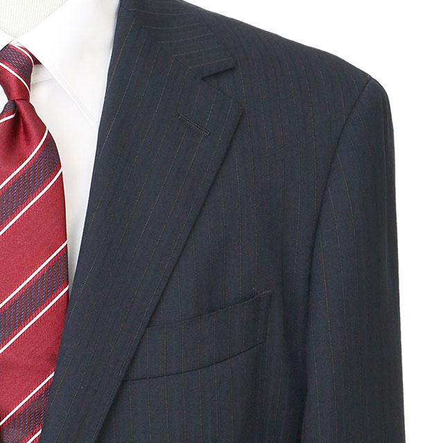 【洋服の青山】プレミアム ウール100% ツーパンツ スーツ メンズ スリム 秋冬用 ネイビー系 紺 ストライプ柄 2パンツ 2ボタン 総裏 センターべント ノータックの画像