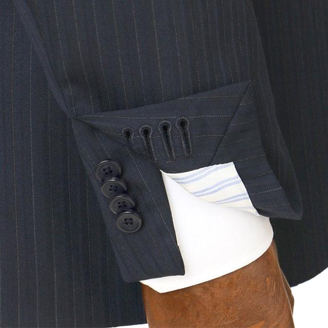 【洋服の青山】プレミアム ウール100% ツーパンツ スーツ メンズ スリム 秋冬用 ネイビー系 紺 ストライプ柄 2パンツ 2ボタン 総裏 センターべント ノータックの画像