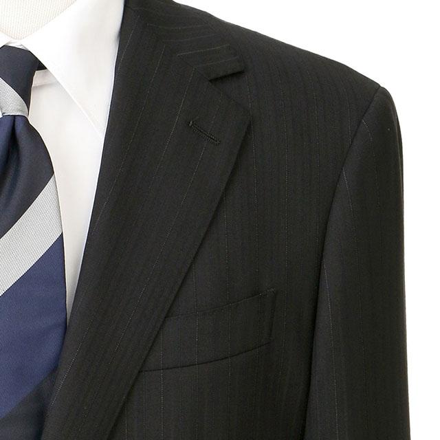 【洋服の青山】プレミアム ウール100% ツーパンツ スーツ メンズ スリム 秋冬用 ブラック系 黒 ストライプ柄 2パンツ 2ボタン 総裏 センターべント ノータックの画像