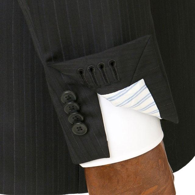 【洋服の青山】プレミアム ウール100% ツーパンツ スーツ メンズ スリム 秋冬用 ブラック系 黒 ストライプ柄 2パンツ 2ボタン 総裏 センターべント ノータックの画像