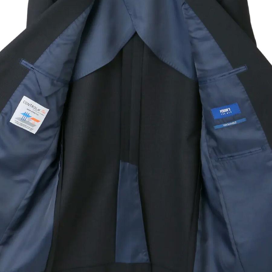 【洋服の青山】ツーパンツ スーツ メンズ スリム 春夏秋冬 ネイビー 紺 織柄 2ボタン センターベント ノータック パンツ2本 洗える ストレッチの画像