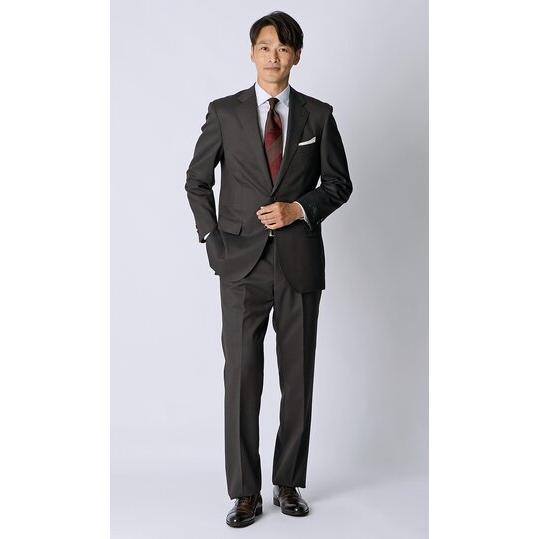 【洋服の青山】ウール100% プレミアム スーツ メンズ スリム 秋冬 ブラウン 茶色 無地 織柄 2ボタン 総裏 サイドベンツ ワンタック 軽い 吸湿裏地 静電気抑制の画像