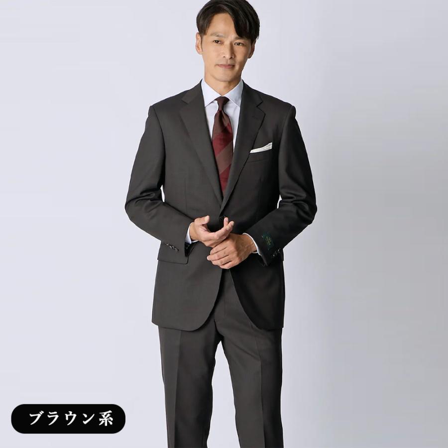 【洋服の青山】ウール100% プレミアム スーツ メンズ スリム 秋冬 ブラウン 茶色 無地 織柄 2ボタン 総裏 サイドベンツ ワンタック 軽い 吸湿裏地 静電気抑制の画像