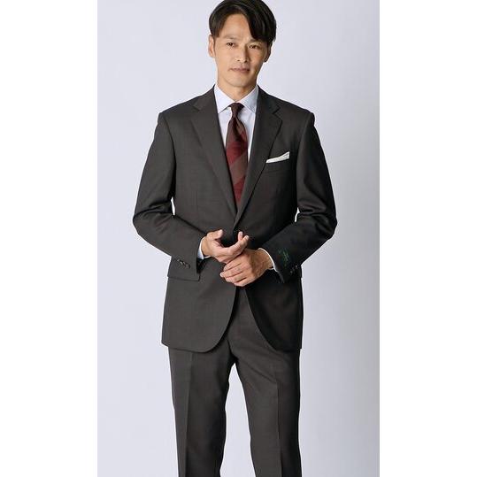 【洋服の青山】ウール100% プレミアム スーツ メンズ スリム 秋冬 ブラウン 茶色 無地 織柄 2ボタン 総裏 サイドベンツ ワンタック 軽い 吸湿裏地 静電気抑制の画像